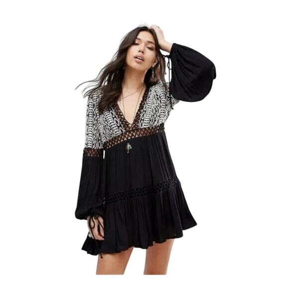 Free People Dresses & Skirts - Free People Dusk Til Dawn Mini Dress Black And White Boho Dress Size S